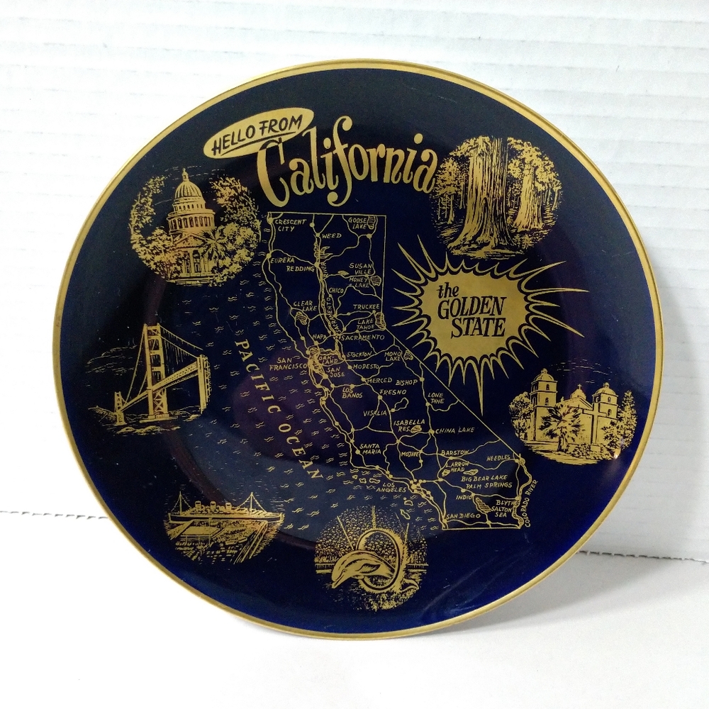 Vintage Lindner Plate Hello From California Cobalt and Gold - Picture 4 of 6